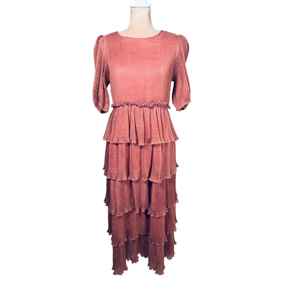 English Factory Pleated Tiered Midi Dress Mauve Puff Sleeve Ruffle Sz M Peasant - Picture 2 of 16